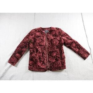 Johnny Was Jacket L Red Velvet Quilted Cooper Silk Blend Embroidered No Tassels